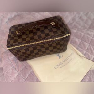 Brown Checkered Cosmetic Bag